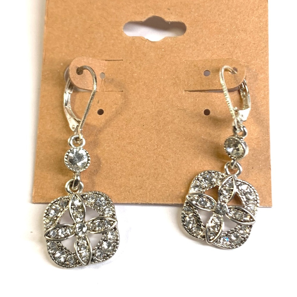 Silver Rhinestone Flower Leverback Earrings Sparkle Vintage Style Jewelry